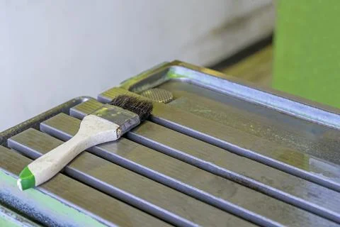 Cleaning brush on cnc machine table workshop Stock Photos