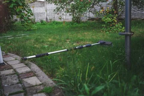 The cleaning brush is lying in the grass in the backyard Stock Photos