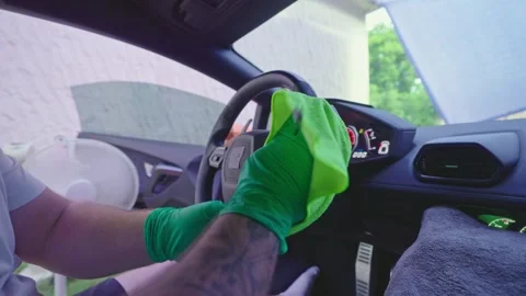Cleaning Car Steering Wheel 4k Stock Footage 279641582
