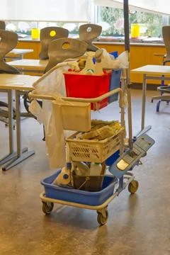 Cleaning Cart in Classroom Setting Stock Photos