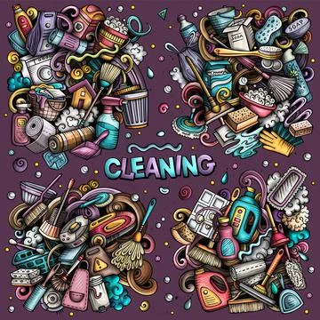 Cleaning cartoon vector doodle designs set. Stock Illustration