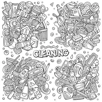 Cleaning cartoon vector doodle designs set. 库存插图