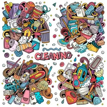 Cleaning cartoon vector doodle designs set. Stock Illustration