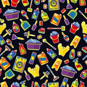 Cleaning, cleaning items. Vector illustration on a black background. Stock Illustration