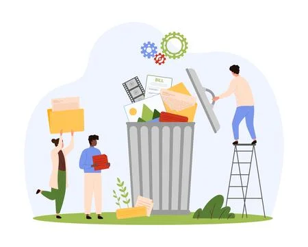 Cleaning up computers memory using software, tiny people delete data in trash Stock Illustration