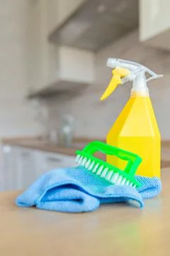 Cleaning Concept. Tool for Cleanliness the Background of the Kitchen. Copy Space Foto stock