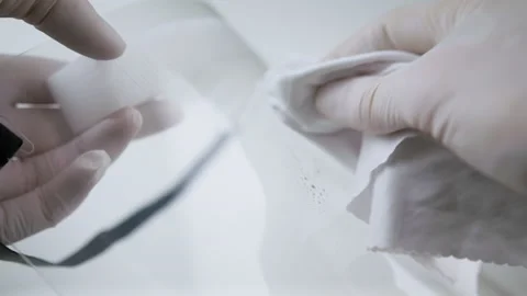 Cleaning a coronavirus face shield in a white sterile environment. Видео 130332278