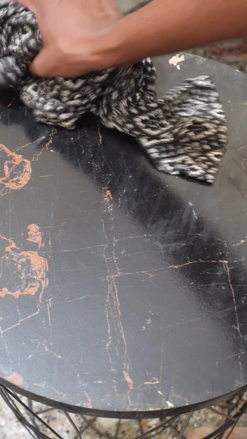 Cleaning A Dirty Round Table With A Black &amp; White Cloth, First Person POV Stock Footage 346413007