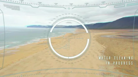 Cleaning drone scanning sand for trash on a empty beach - 3d render Stock Footage 168272398
