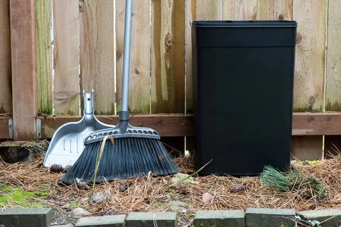 Cleaning up dry pine needles in the backyard. Cleaning tools standing ready f Stock Photos