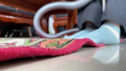 Cleaning dust on carpet floor low angel view with a vacuum cleaner Stock Footage 281640377