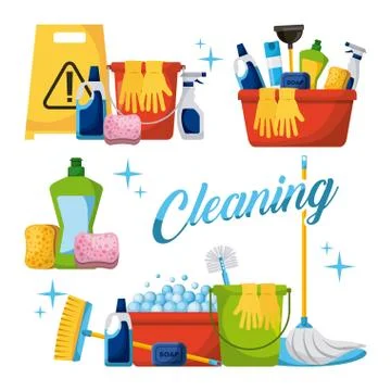 Cleaning elements set with brooms bucket mop spray plunger brush sponge Stock Illustration