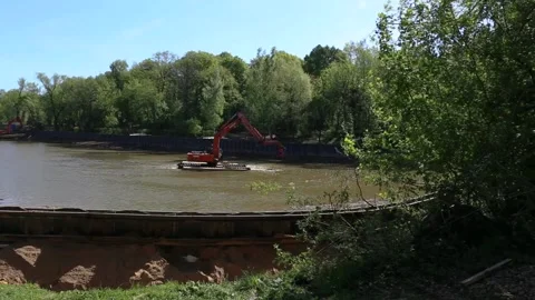 Cleaning equipment on pond. Environmental issues. Drought. Purification of water Stock Footage 92140334