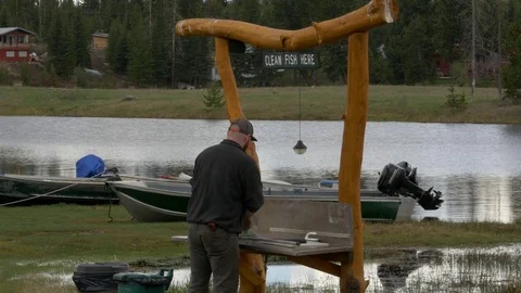 Cleaning fish by the lake. Stockbeeldmateriaal 77579176