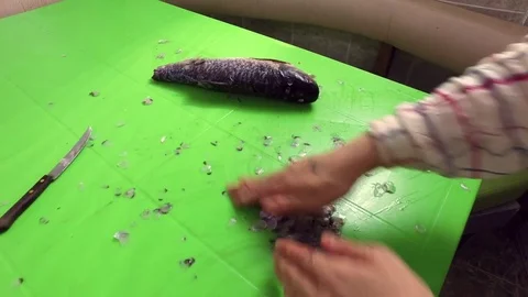 Cleaning fish, removes from the table Stock Footage 79629760