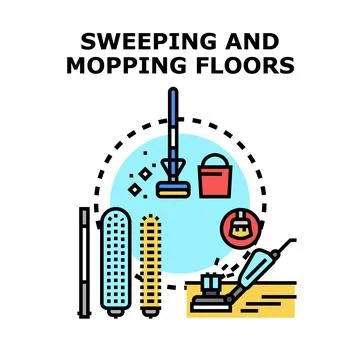Cleaning floors concept with sweeping and mopping tools Stock Illustration