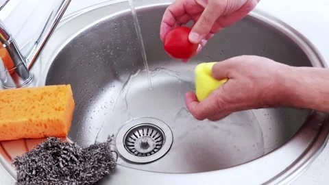 Cleaning a fresh red tomato under running water in a stainless sink Stock-Footage 313583132