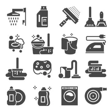 Cleaning gray icons set. Laundry, Sponge and Vacuum cleaner signs. Washing ma Stock Illustration