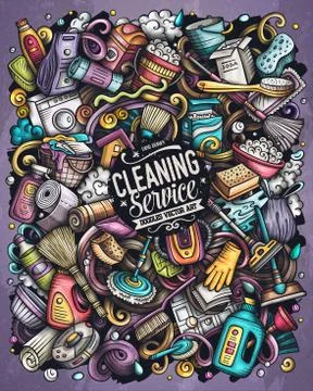 Cleaning hand drawn vector doodles funny illustration. Stockillustratie