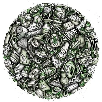 Cleaning hand drawn vector doodles funny illustration. Stock Illustration