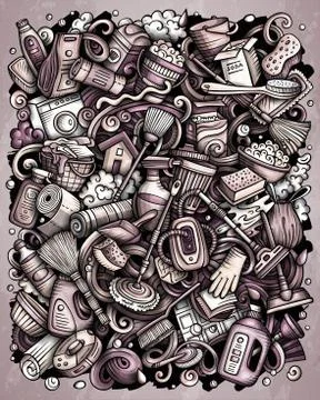Cleaning hand drawn vector doodles funny illustration. Stock Illustration