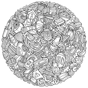 Cleaning hand drawn vector doodles funny illustration. Stock Illustration