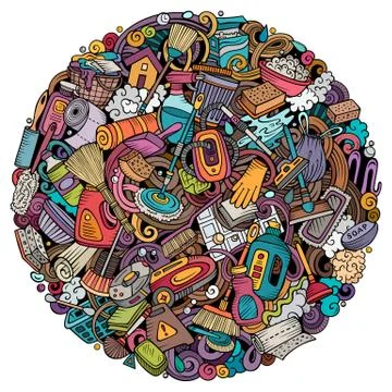 Cleaning hand drawn vector doodles funny illustration. Stock Illustration