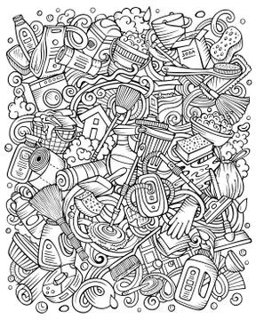 Cleaning hand drawn vector doodles funny illustration. イラスト素材