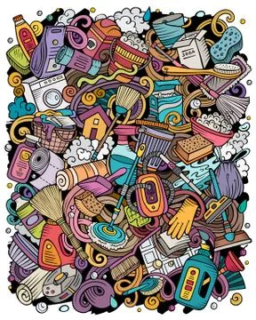 Cleaning hand drawn vector doodles funny illustration. イラスト素材