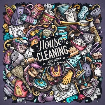 Cleaning hand drawn vector doodles funny illustration. Stock Illustration