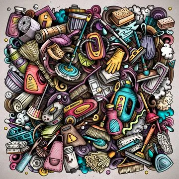 Cleaning hand drawn vector doodles funny illustration. Stock Illustration