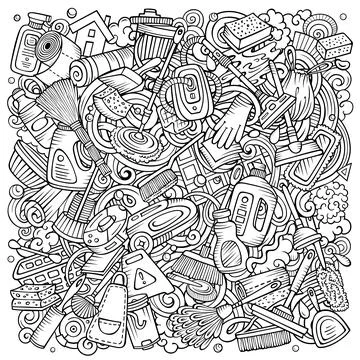 Cleaning hand drawn vector doodles funny illustration. イラスト素材