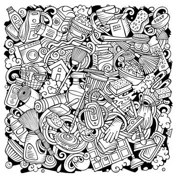 Cleaning hand drawn vector doodles funny illustration. Stockillustratie
