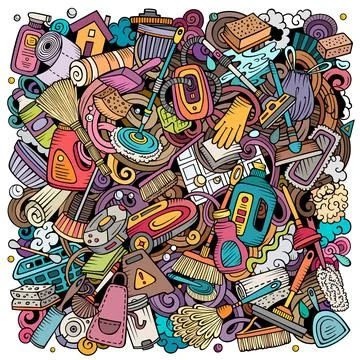 Cleaning hand drawn vector doodles funny illustration. イラスト素材
