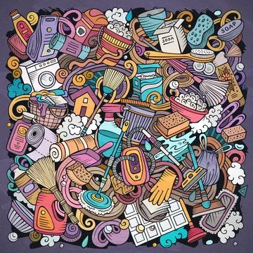 Cleaning hand drawn vector doodles funny illustration. イラスト素材