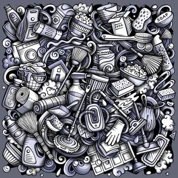 Cleaning hand drawn vector doodles funny illustration. Stock Illustration