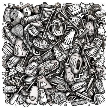 Cleaning hand drawn vector doodles funny illustration. イラスト素材