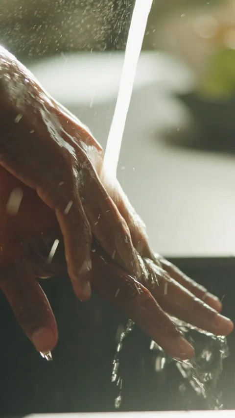 Cleaning, hands and man with water, soap and faucet for hygiene, wellness and Stock Footage 340775714