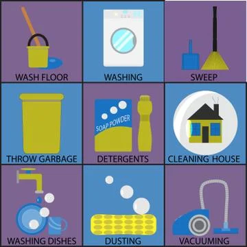 Cleaning icon set washing dusting and sweep Stock Illustration