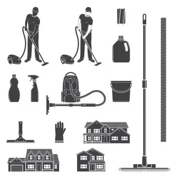 Cleaning icon silhouette for emblems and labels. Set include man with vocuum Stock Illustration