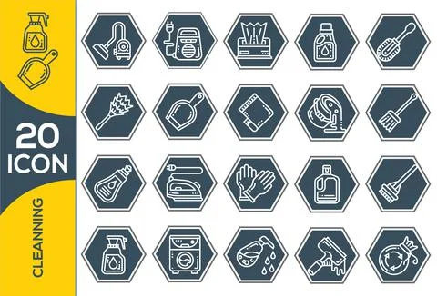 Cleaning icons. Laundry, Window sponge and Vacuum cleaner. Washing machine cl Stock-Illustration