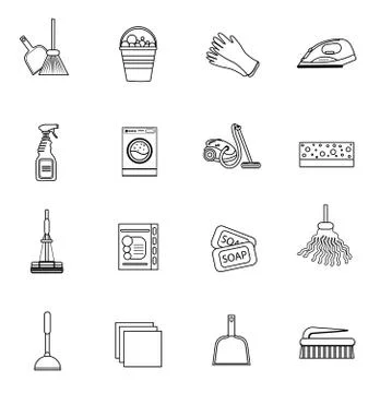 Cleaning icons set, modern line, sketch, doodle style.   isolated on white Stock Illustration
