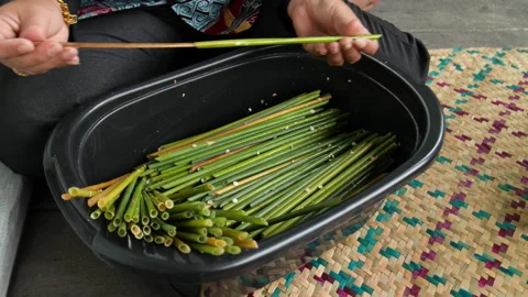 Cleaning the Inside of Purun Reeds inside Black Bucket, Borneo, 4K Video stock 148193302
