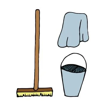 Cleaning kit - mop, rag, bucket, color vector isolated doodle element, Stock Illustration