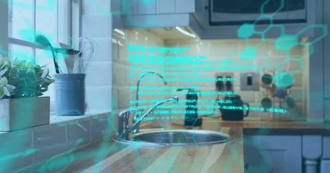 Cleaning kitchen sink, person with sponge over digital data and hexagons image Stock Photos