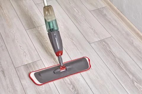 Cleaning lady cleans flat using mop with microfiber cloth and special liquid. Fotos de archivo