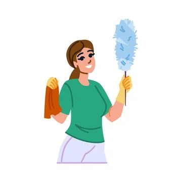 Cleaning lady holding duster and rag smiling and ready to clean house Illustrazione stock