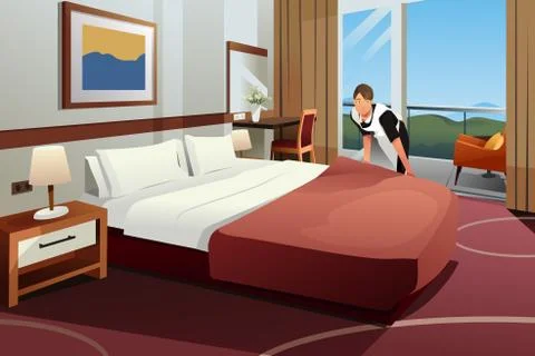 Cleaning Lady Making the Bed in a Hotel Illustration Stock Illustration