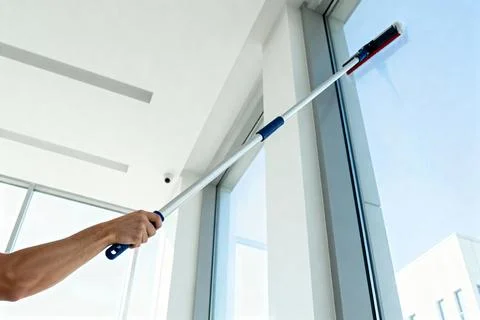 Cleaning a large window with a professional squeegee and extension pole Stock Photos
