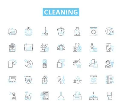 Cleaning linear icons set. Scrubbing, Polishing, Dusting, Sweeping, Mopping Stock Illustration